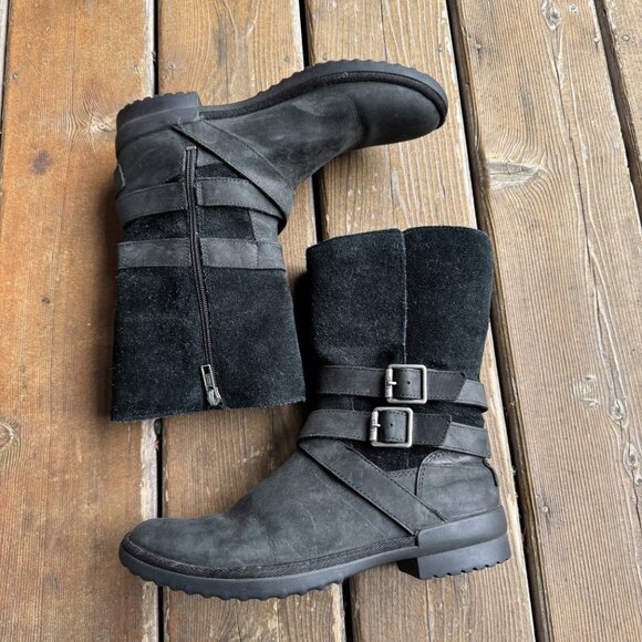 UGG Black Leather Lorna Side Zip Buckle Bootie in Women's 7.5 - Picture 3 of 10
